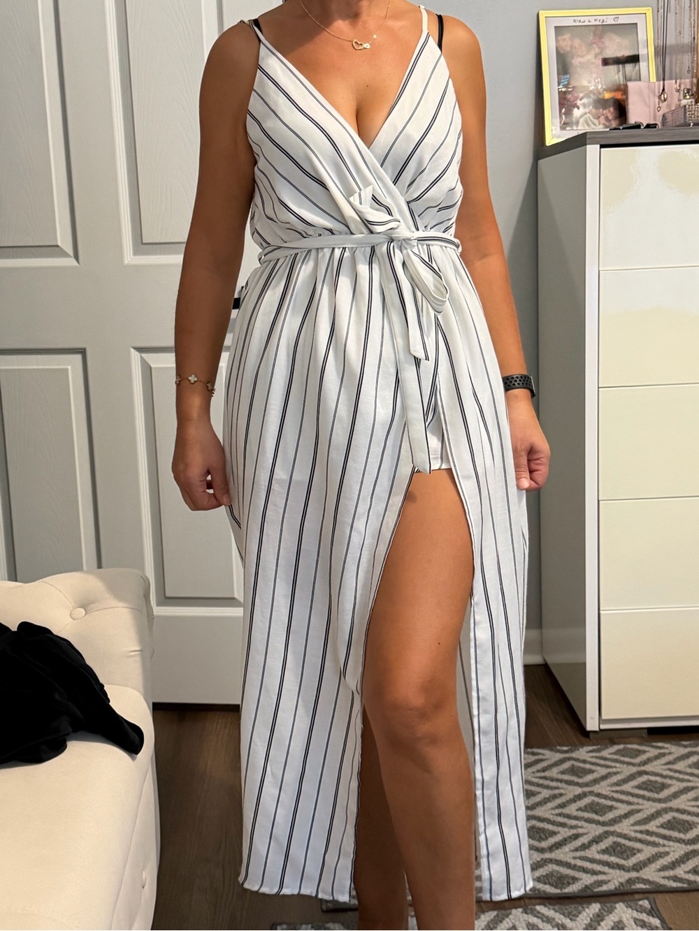 Striped White Wrap Maxi Dress with Front Slit